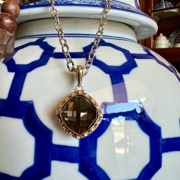 TACORI 18K Rose Gold & 92.5 SSilver Smokey Quartz & Diamond Pendant on SS Chain - Picture 5 of 16
